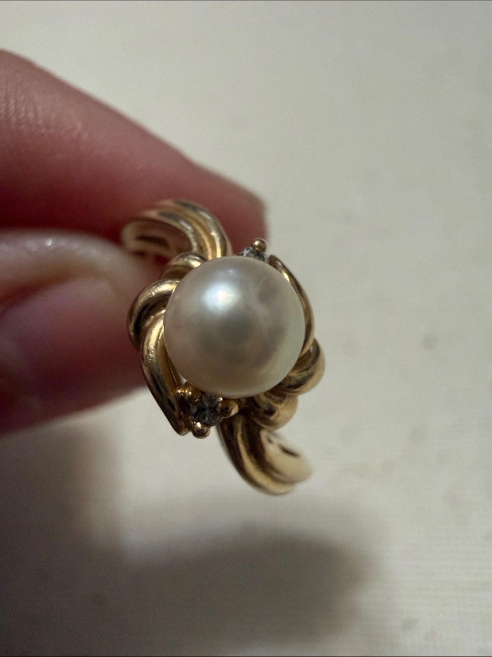 Stunning 14K Gold Swirl Ring W/Pearl & Diamond size 6 - Picture 11 of 17